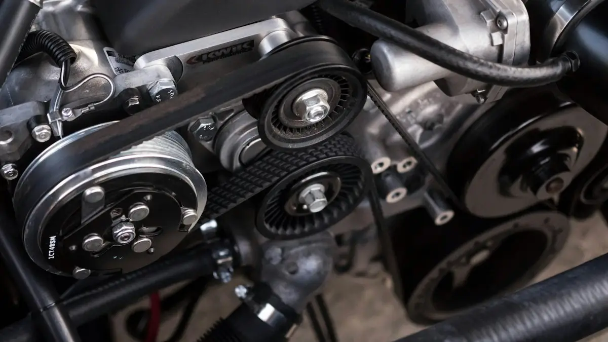 Close-up of an automotive engine assembly and components